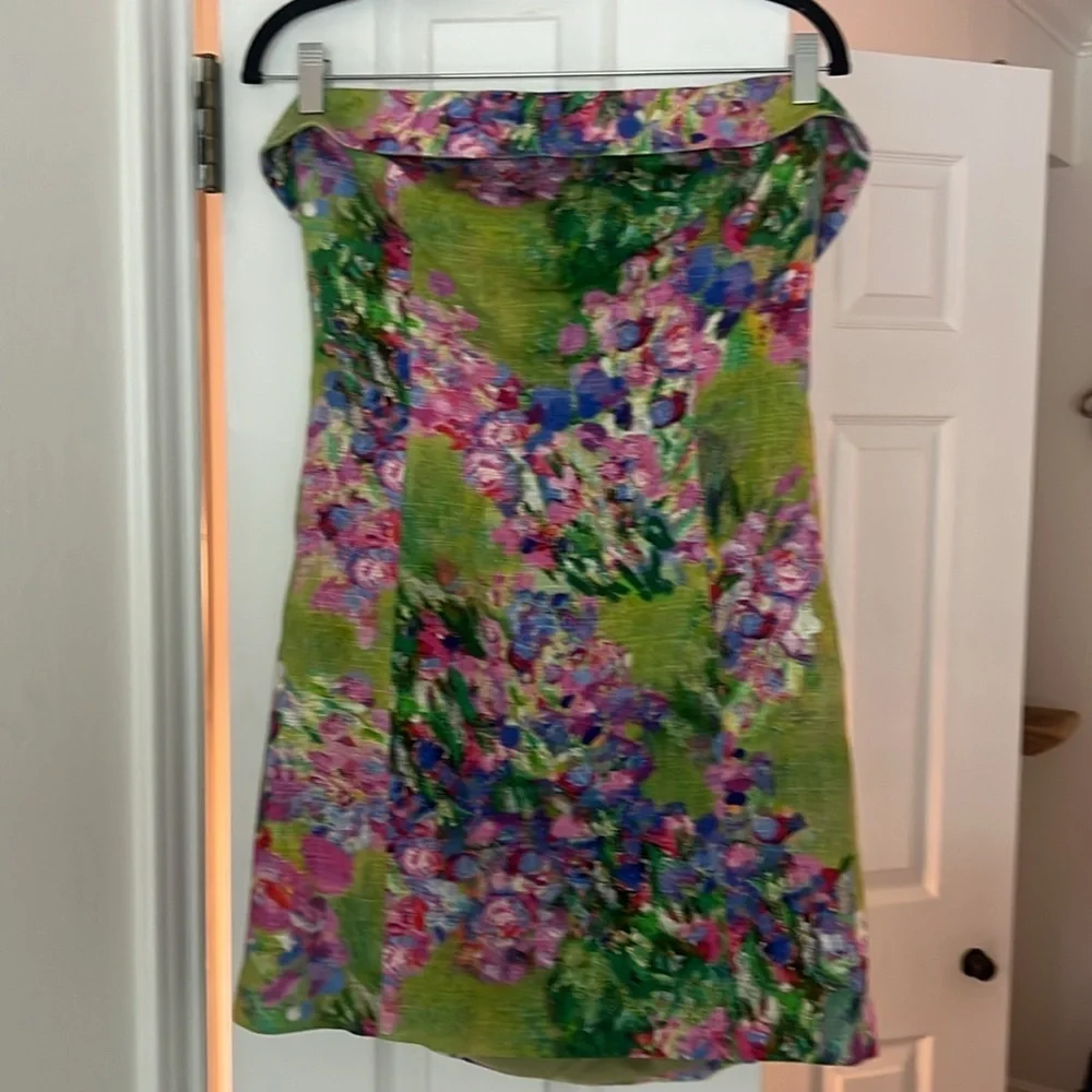 MOTF Linen Floral Print Shirred Back Strapless Mini Dress Large - Picture 12 of 12